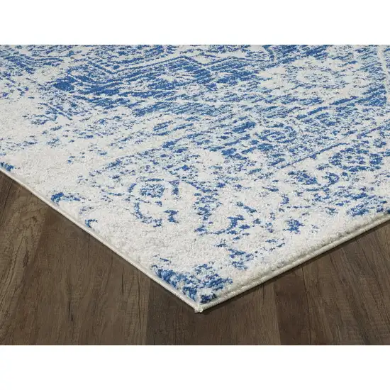 7' Ivory Blue Machine Woven Distressed Medallion Indoor Runner Rug Photo 1