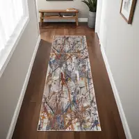 Photo of 8' Ivory Blue and Brown Abstract Power Loom Runner Rug