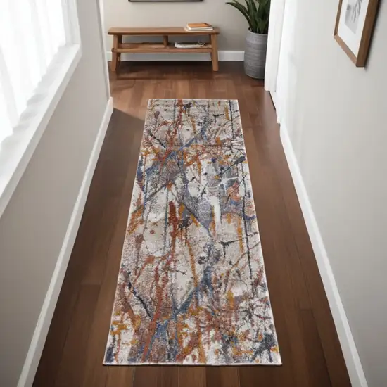 8' Ivory Blue and Brown Abstract Power Loom Runner Rug Photo 1