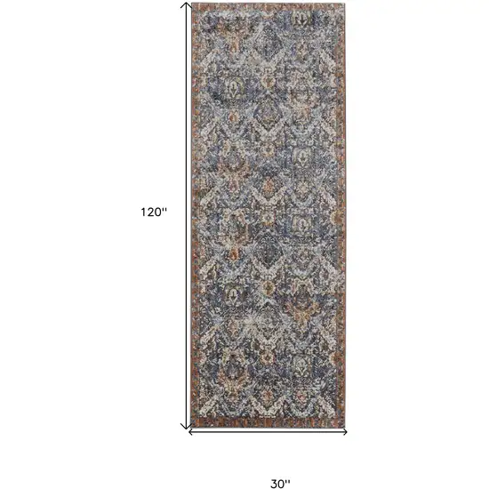 10' Ivory Blue and Brown Floral Power Loom Runner Rug With Fringe Photo 3