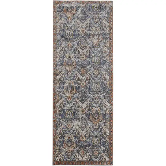 10' Ivory Blue and Brown Floral Power Loom Runner Rug With Fringe Photo 2