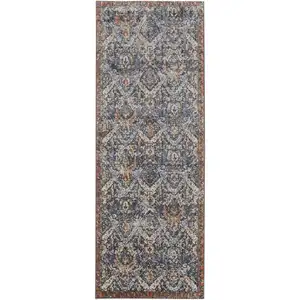 Photo of 10' Ivory Blue and Brown Floral Power Loom Runner Rug With Fringe