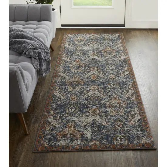 10' Ivory Blue and Brown Floral Power Loom Runner Rug With Fringe Photo 5