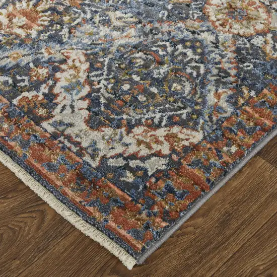 10' Ivory Blue and Brown Floral Power Loom Runner Rug With Fringe Photo 4