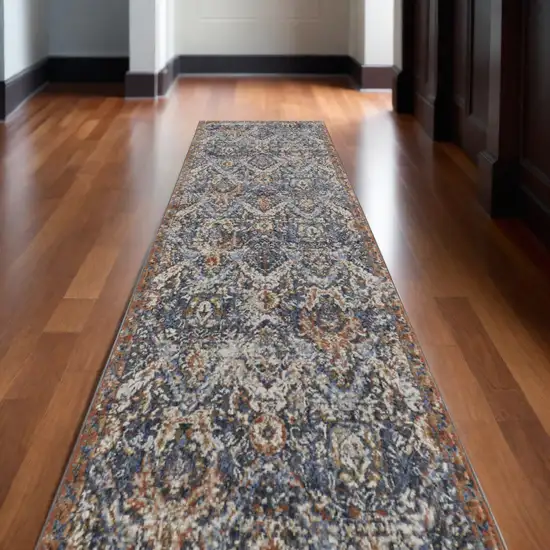 10' Ivory Blue and Brown Floral Power Loom Runner Rug With Fringe Photo 1