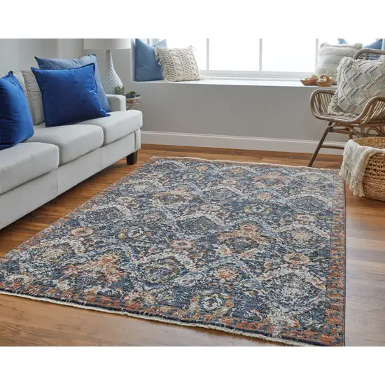 10' Ivory Blue and Brown Floral Power Loom Runner Rug With Fringe Photo 6