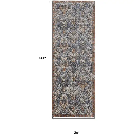 12' Ivory Blue and Brown Floral Power Loom Runner Rug With Fringe Photo 3