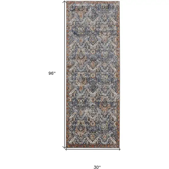 8' Ivory Blue and Brown Floral Power Loom Runner Rug With Fringe Photo 3