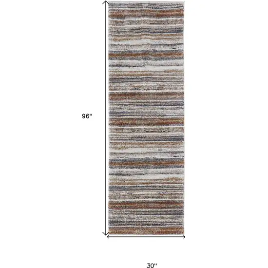 8' Ivory Blue and Brown Striped Power Loom Runner Rug Photo 3