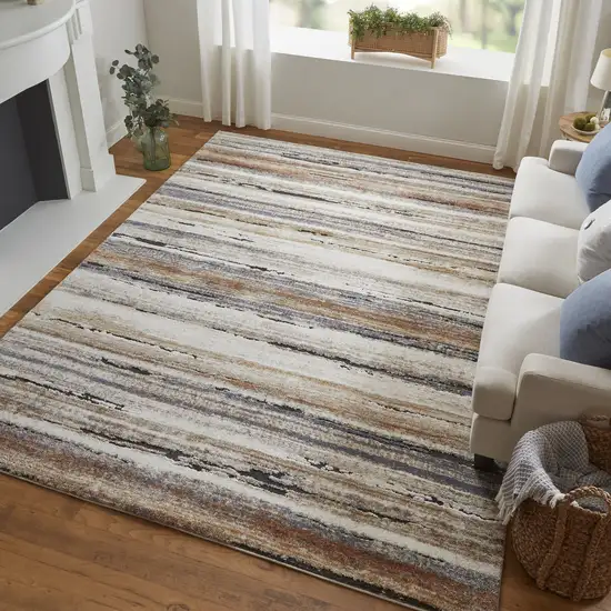 8' Ivory Blue and Brown Striped Power Loom Runner Rug Photo 9