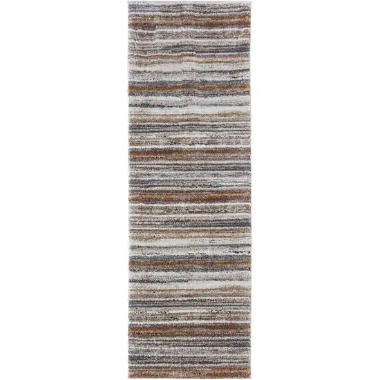 8' Ivory Blue and Brown Striped Power Loom Runner Rug Photo 2