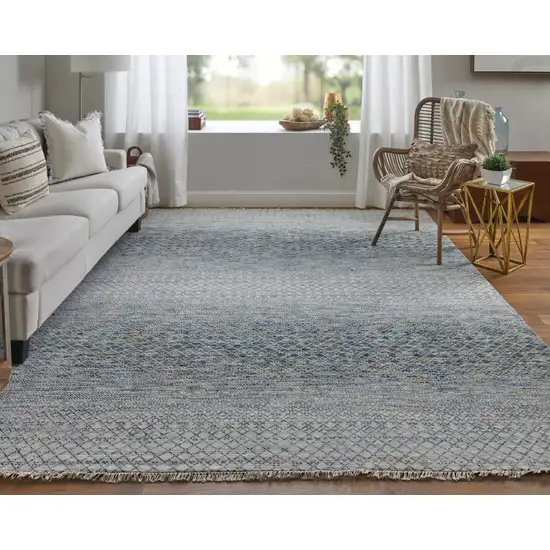 12' Ivory Blue and Brown Wool Hand Knotted Runner Rug With Fringe Photo 8