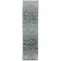 Photo of 12' Ivory Blue and Brown Wool Hand Knotted Runner Rug With Fringe