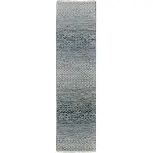 Photo of 12' Ivory Blue and Brown Wool Hand Knotted Runner Rug With Fringe