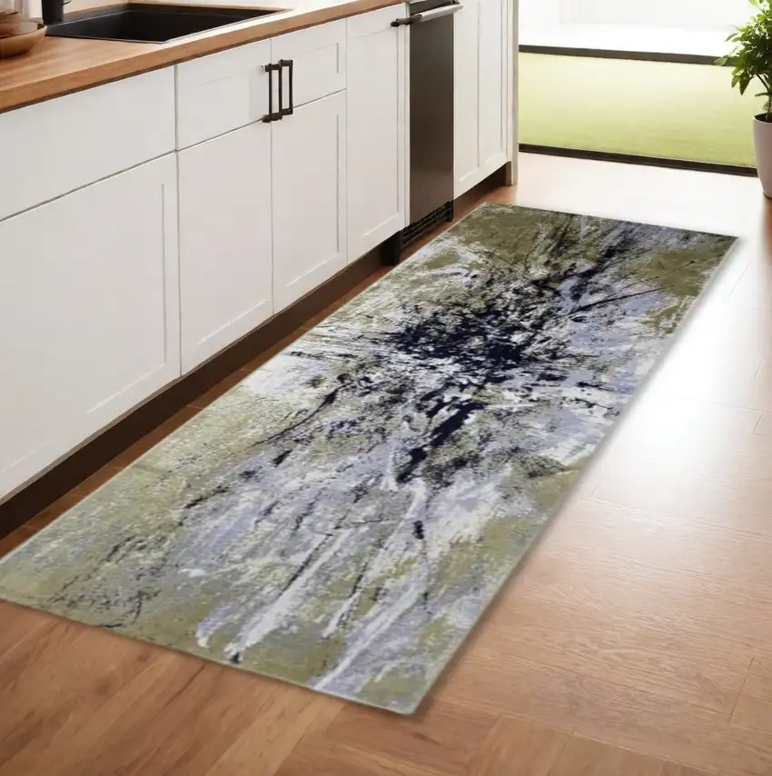 8' Ivory Blue and Gold Abstract Power Loom Runner Rug Photo 1