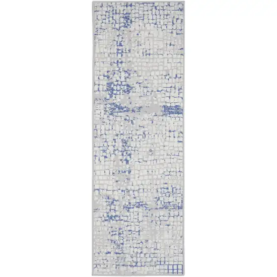 8' Ivory Blue and Gray Abstract Distressed Non Skid Runner Rug Photo 2