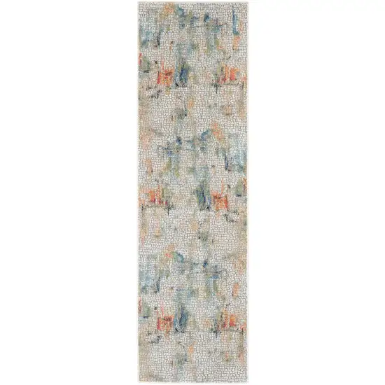 6' Ivory Blue and Gray Abstract Distressed Non Skid Runner Rug Photo 2