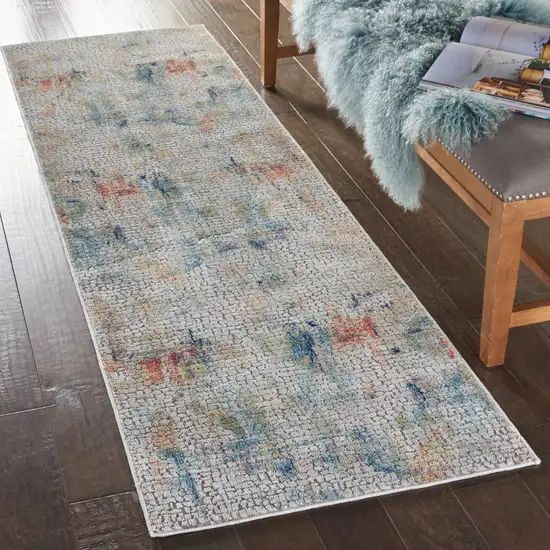 6' Ivory Blue and Gray Abstract Distressed Non Skid Runner Rug Photo 9