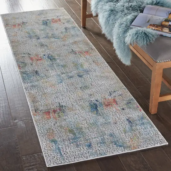 8' Ivory Blue and Gray Abstract Distressed Non Skid Runner Rug Photo 9