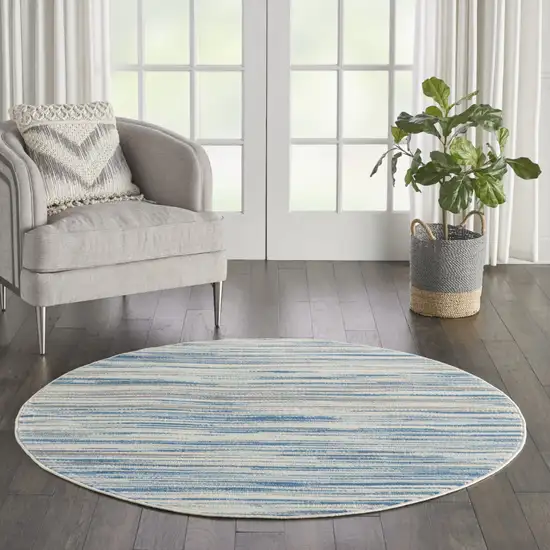 5' Ivory Blue and Gray Abstract Round Rug Photo 9