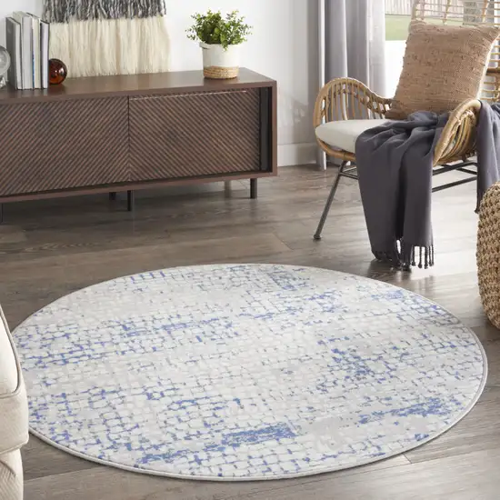 5' Ivory Blue and Gray Abstract Round Rug Photo 8