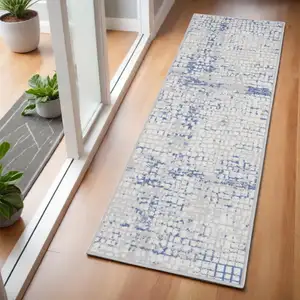 Photo of 6' Ivory Blue and Gray Abstract Runner Rug