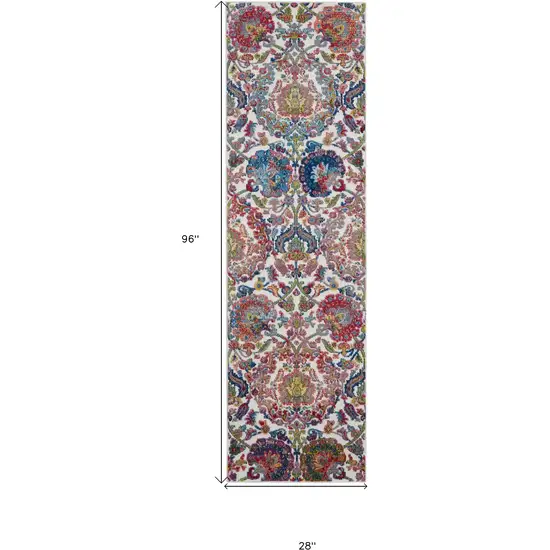 8' Ivory Blue and Gray Floral Distressed Non Skid Runner Rug Photo 3