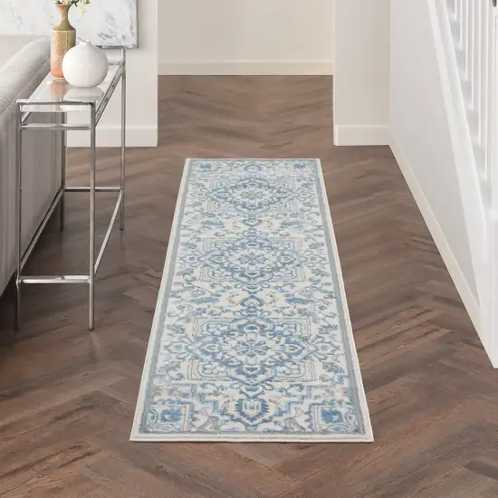 8' Ivory Blue and Gray Floral Non Skid Runner Rug Photo 8