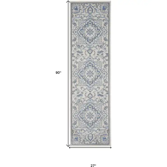 8' Ivory Blue and Gray Floral Non Skid Runner Rug Photo 3