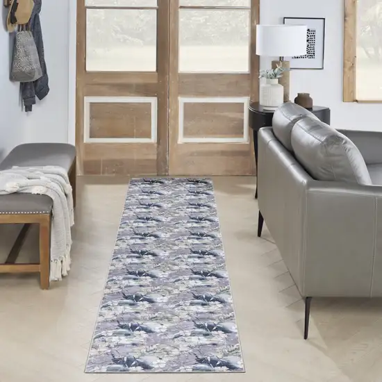 8' Ivory Blue and Gray Floral Power Loom Washable Non Skid Runner Rug Photo 5