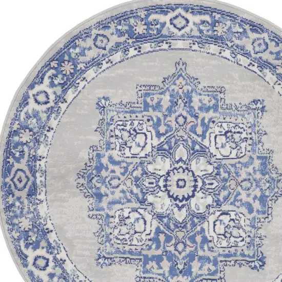 5' Ivory Blue and Gray Floral Round Rug Photo 6