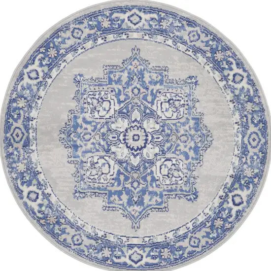 5' Ivory Blue and Gray Floral Round Rug Photo 7