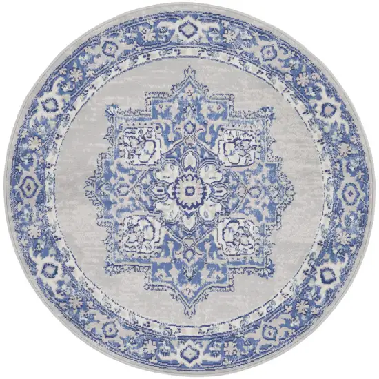 5' Ivory Blue and Gray Floral Round Rug Photo 2