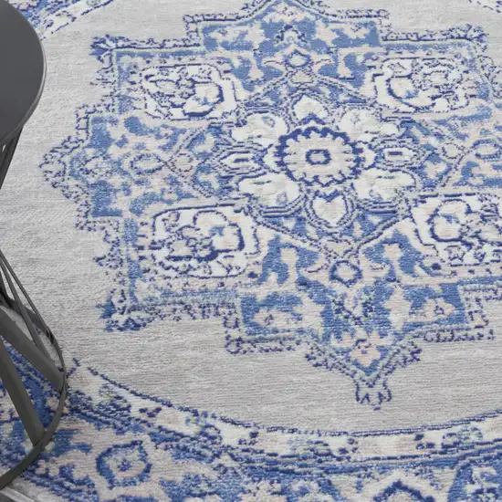 5' Ivory Blue and Gray Floral Round Rug Photo 5