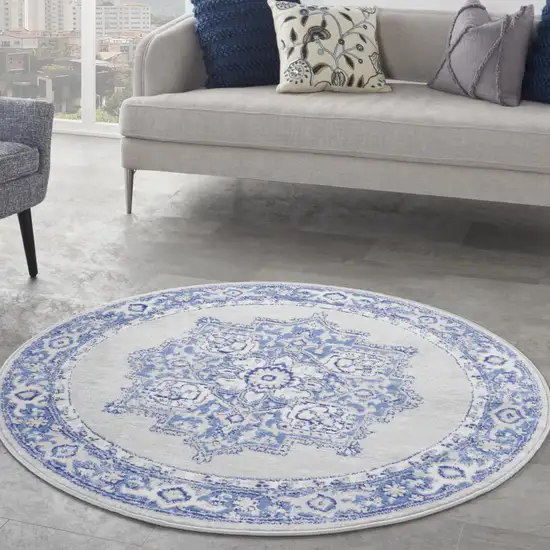 5' Ivory Blue and Gray Floral Round Rug Photo 8