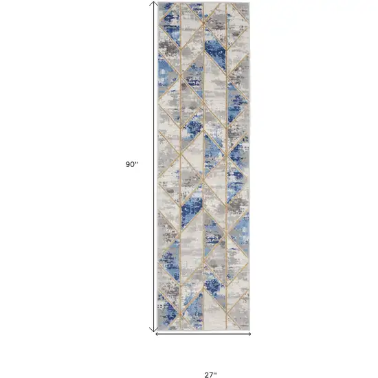 8' Ivory Blue and Gray Geometric Non Skid Runner Rug Photo 3