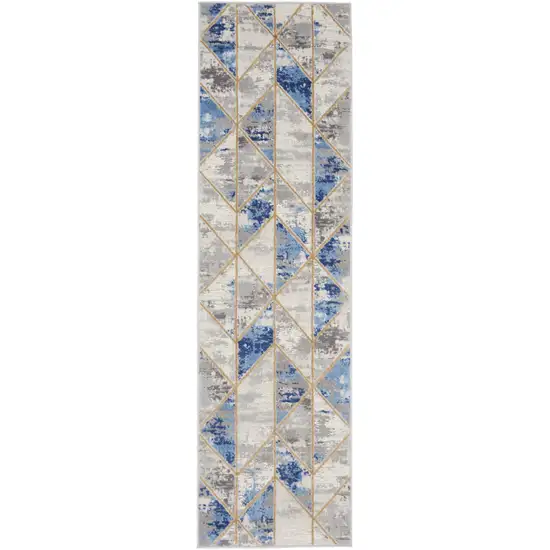 8' Ivory Blue and Gray Geometric Non Skid Runner Rug Photo 2