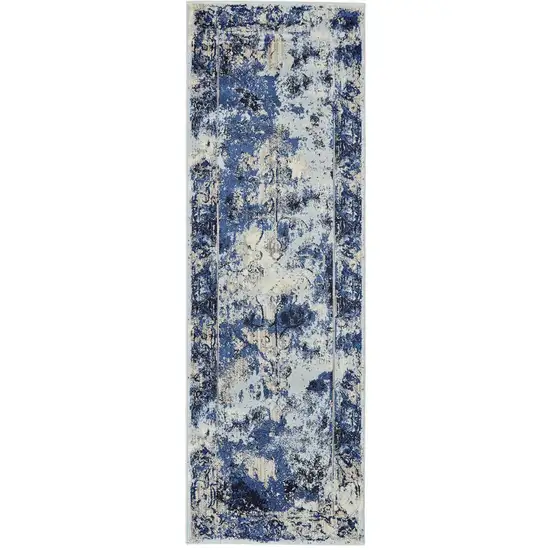 8' Ivory Blue and Gray Medallion Power Loom Distressed Runner Rug Photo 2