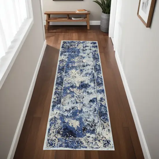 8' Ivory Blue and Gray Medallion Power Loom Distressed Runner Rug Photo 1