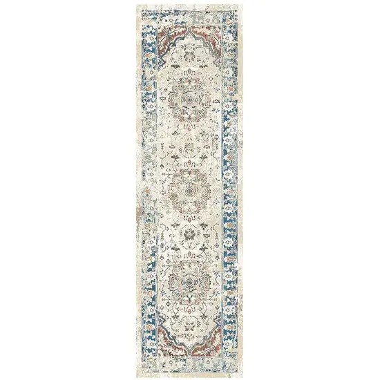 8' Ivory Blue and Gray Oriental Distressed Runner Rug With Fringe Photo 2