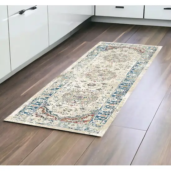 8' Ivory Blue and Gray Oriental Distressed Runner Rug With Fringe Photo 1