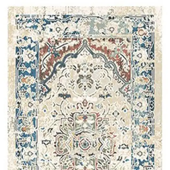 8' Ivory Blue and Gray Oriental Distressed Runner Rug With Fringe Photo 4