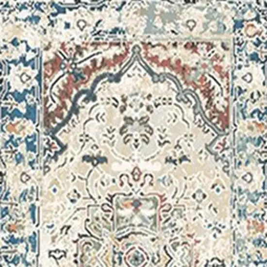 8' Ivory Blue and Gray Oriental Distressed Runner Rug With Fringe Photo 3