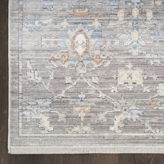 8' Ivory Blue and Gray Oriental Power Loom Distressed Runner Rug With Fringe Photo 1