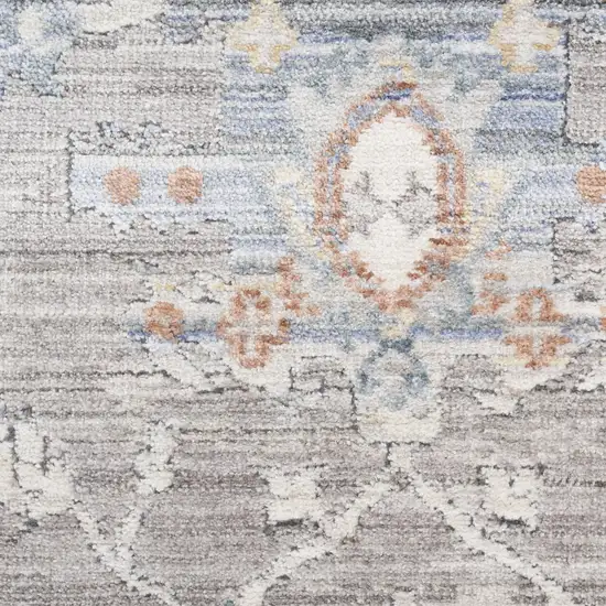 8' Ivory Blue and Gray Oriental Power Loom Distressed Runner Rug With Fringe Photo 3