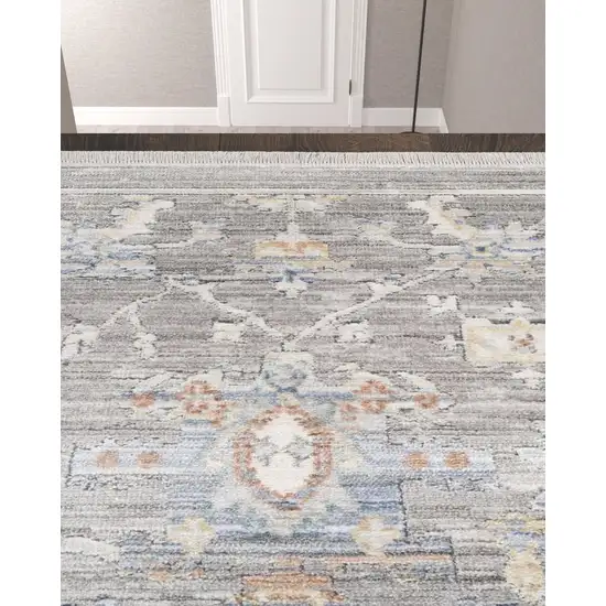 12' Ivory Blue and Gray Oriental Power Loom Distressed Runner Rug Photo 2