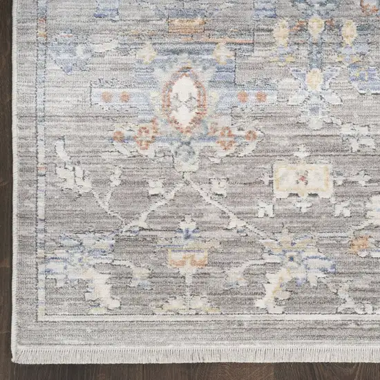 12' Ivory Blue and Gray Oriental Power Loom Distressed Runner Rug Photo 6