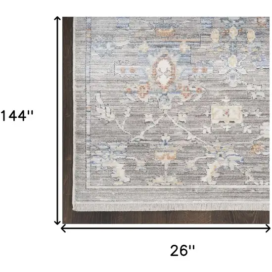 12' Ivory Blue and Gray Oriental Power Loom Distressed Runner Rug Photo 8