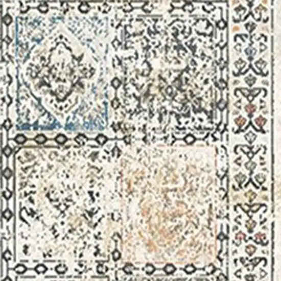 8' Ivory Blue and Gray Patchwork Distressed Runner Rug With Fringe Photo 3