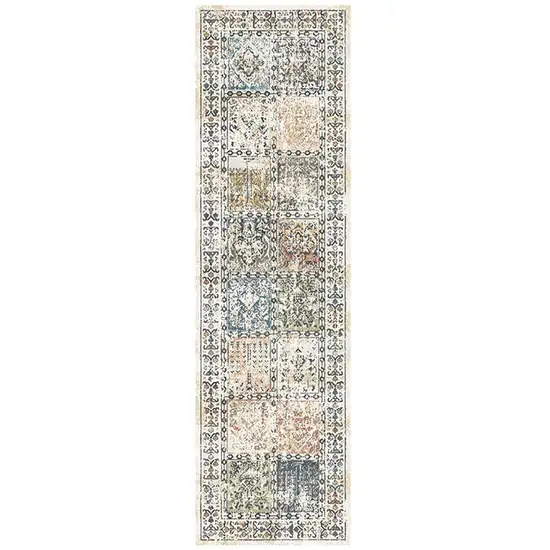 8' Ivory Blue and Gray Patchwork Distressed Runner Rug With Fringe Photo 2